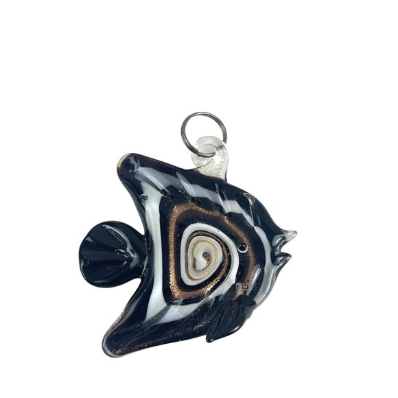 Murano Style Glass Fish Pendant Black White Swirl Handmade Nautical Ocean Charm - Picture 1 of 6